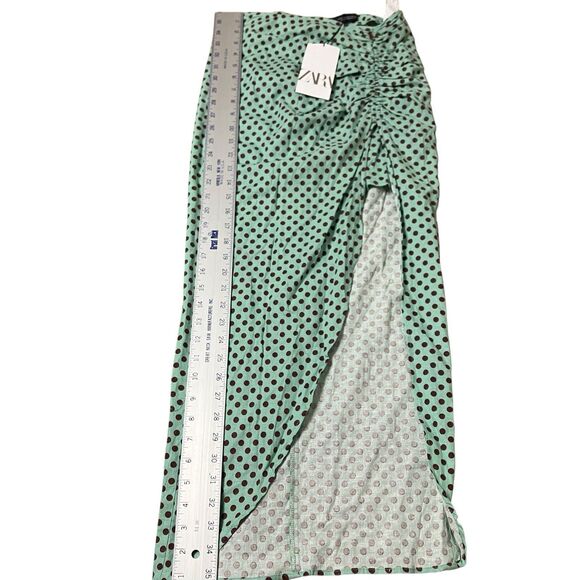 Zara Skirt WMNS XS Green Linen Polka Dot Slit Ruched Mini Pin Up Rockabilly Sexy - Picture 3 of 10